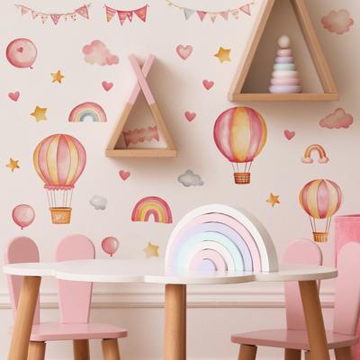 Ballon à air chaud rose Étoile et nuage Chambre Salon Embellissement et décoration de la maison Autocollants muraux
