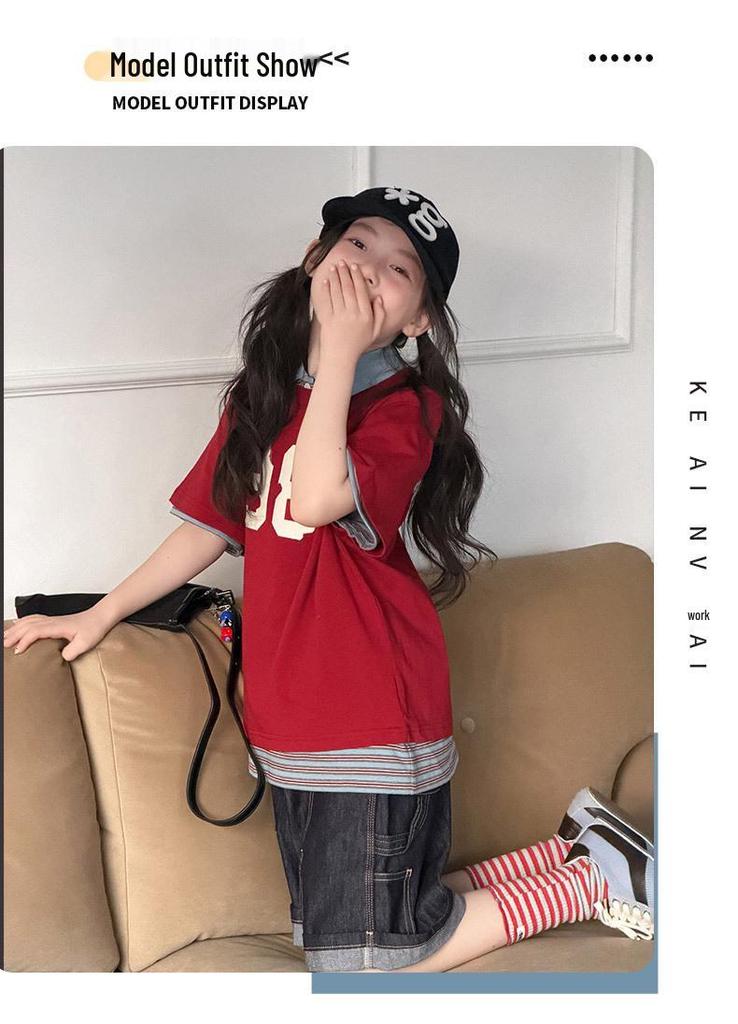 Koreanischer Stil Kurzarm-Polo & Jeansshorts Set für Mädchen - Trendige mittellange Campus-Mode für Kinder