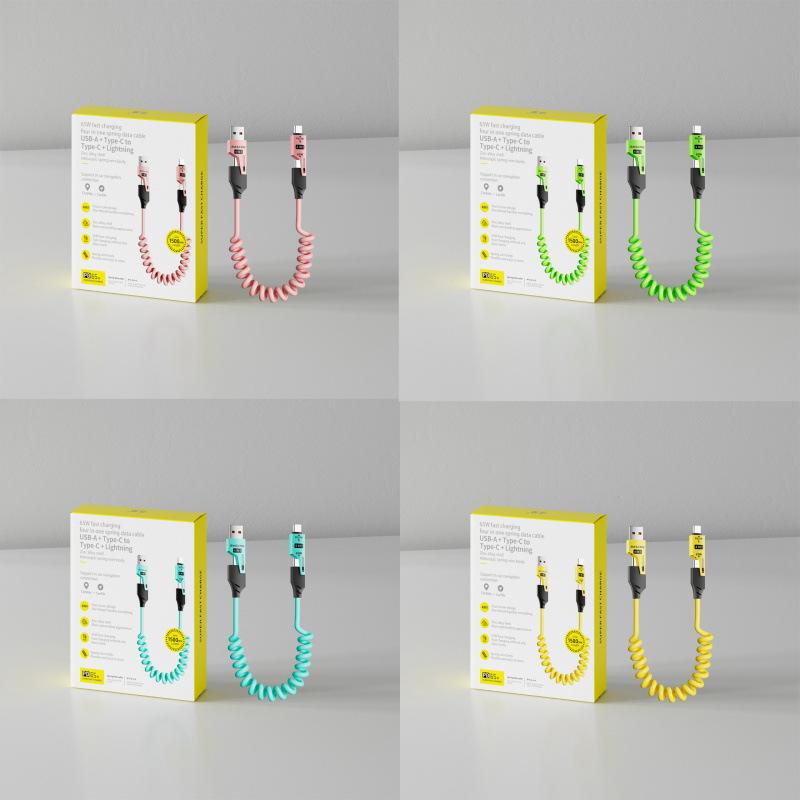 Double Magic 65W + 27W Spring Telescopic 4-in-1 Cable for Apple & Huawei