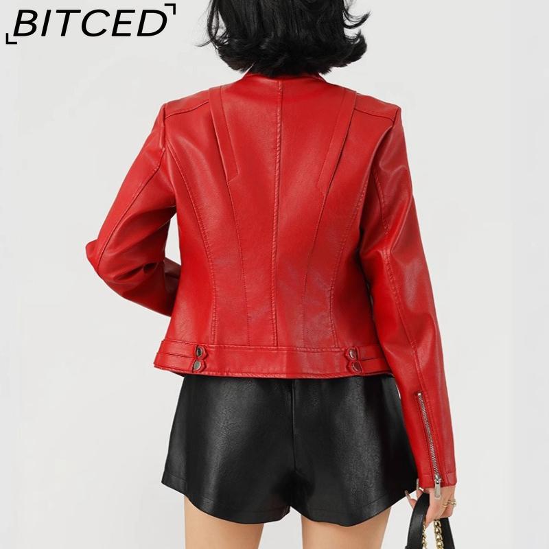 Fashionable Women's PU Leather Jacket, Stand Collar, Lightweight Spring/Autumn Style, Red Leather Jacket