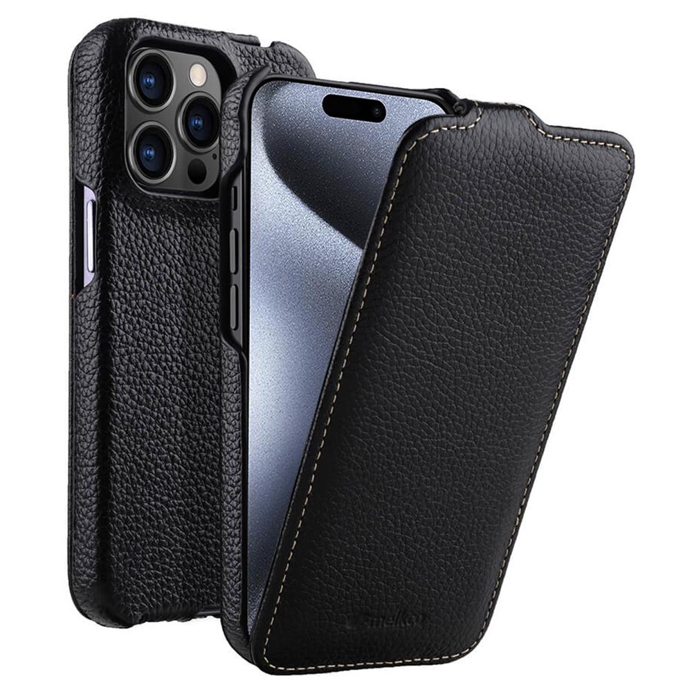 MELKCO For iPhone 15 Pro Max Case Litchi Texture Genuine Cow Leather+PC Vertical Flip Cover