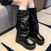 Boots Women's 2025 New Autumn Muffin Thick-bottomed Folded Stacking Boots Black Retro Tall Pants Knight Boots