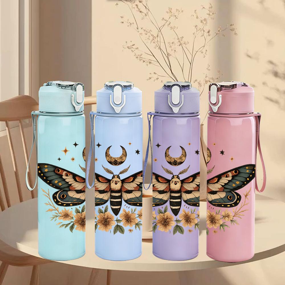 1PC Moth Sunflower Botanical Motif 750ml Color Plastic Sports Water Bottle Leakproof Flip Straw Lid For Sports Office Home Use