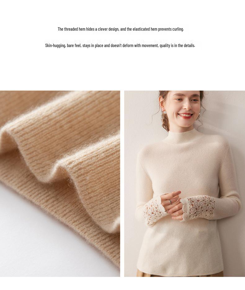 Women's Hand-Crocheted Cashmere Sweater - Slim Fit, Half-High Collar, Long Sleeve, Solid Color, Autumn/Winter Collection