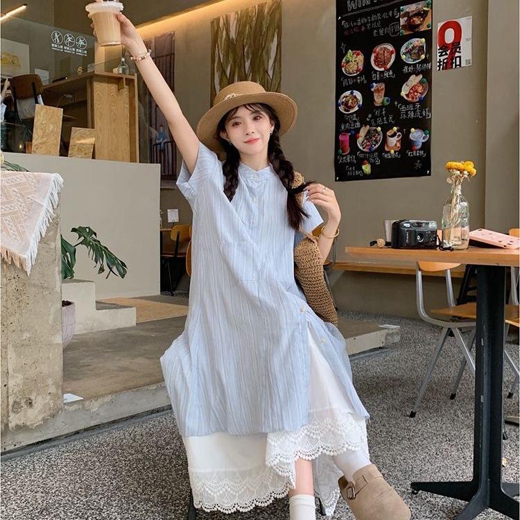 Women's Blue Striped Short-Sleeve Layered Shirt Dress – New 2026 Korean Style, Loose Mid-Length Two-Piece Summer Set.
