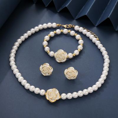 3er Set Retro Charme Kamelienblüte 6-6,5mm Makellose Perlen Halskette Ohrringe Armband Schmucksets für Frauen Muttertagsgeschenk