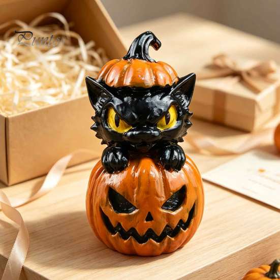 Creative Gift for Halloween Lovers Black Cat & Pumpkin Resin Ornaments, Cute Desktop Figurines, Artistic Craft Collectibles Cartoon And Statue