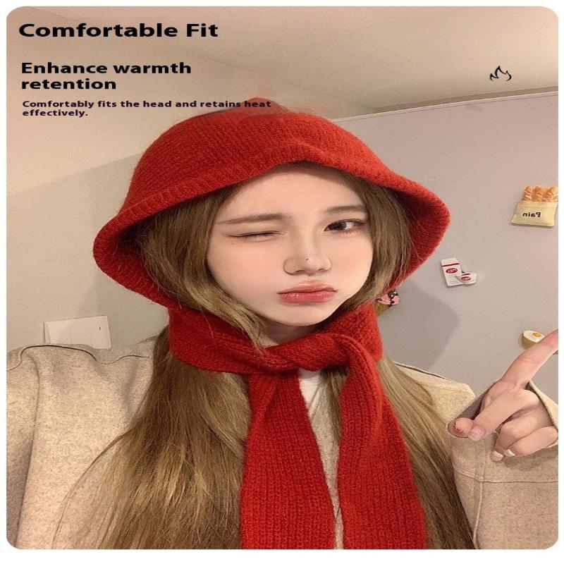 Korean Hood Scarf Balaclava Hat Ear Protection Warm Bomber Hats Women Retro Strap Bow Beanies Winter Accessories Knitted Law Hat