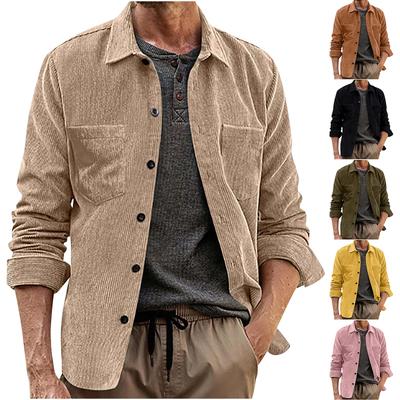 Men's Casual Solid-color Corduroy Button Shirt, Men's Lapel Long-sleeved Trendy Loose Shirt