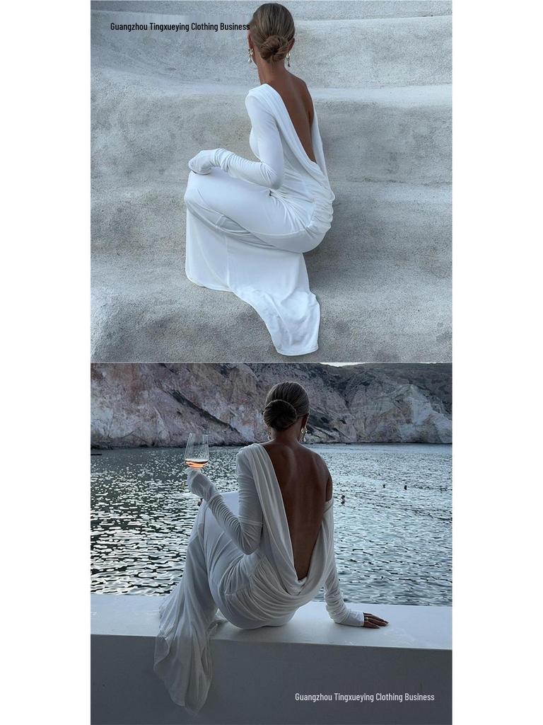 Elegant European & American Women's Backless Long Sleeve Evening Gown - Autumn/Winter Collection