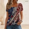 Women Plus Size Short Sleeve Square Neck T Shirt Red Blue Silver Star Glitter Print Top