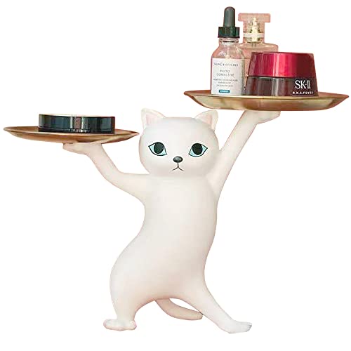 

moin moin Cat Figurine Ornament, 36cm W x 25cm H x 17cm D, Perfect for Small Dish or Trinket Holder, White Cat, White and Gold, Cute Animal (White Cat