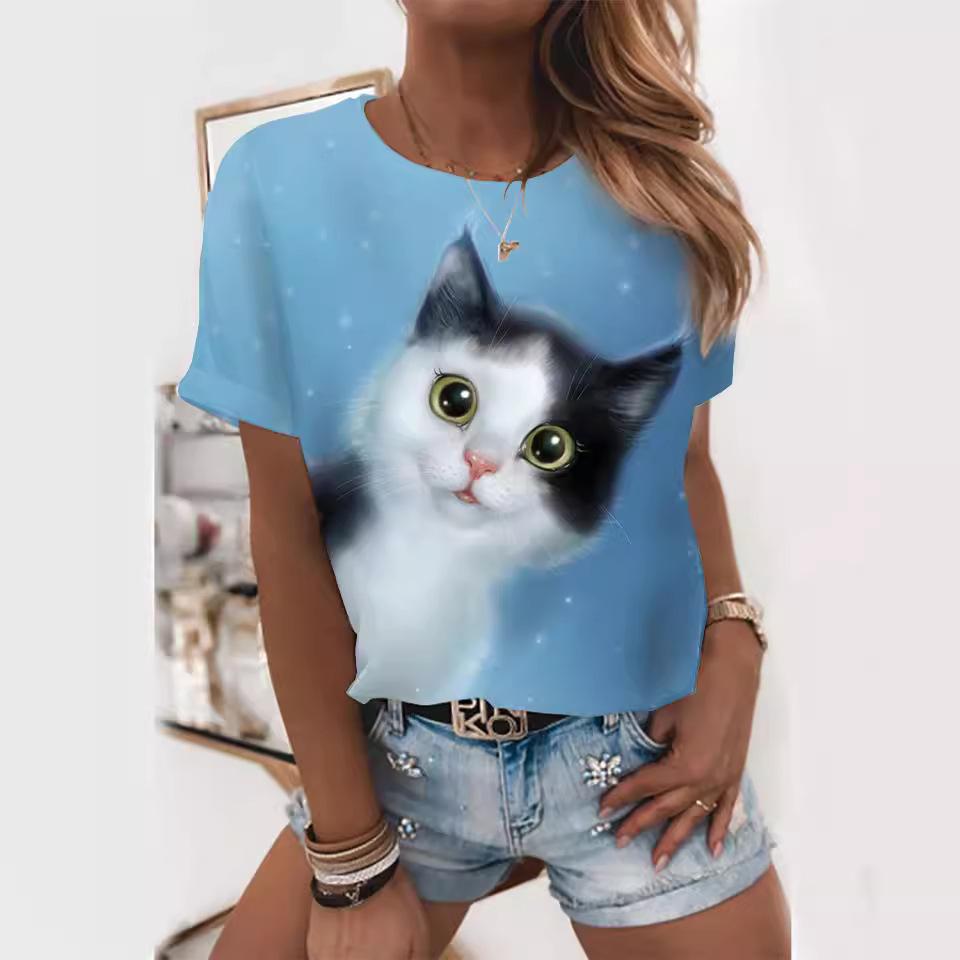 Animal Series 3D Digital Printed Men's and Women's Short Sleeved T-shirt Blue Cat Beautiful and Cute Round Neck T-shirt