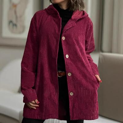 Giacca Casual da Donna Autunnale con Cappuccio in Velluto a Coste Monocolore Minimalista di Media Lunghezza