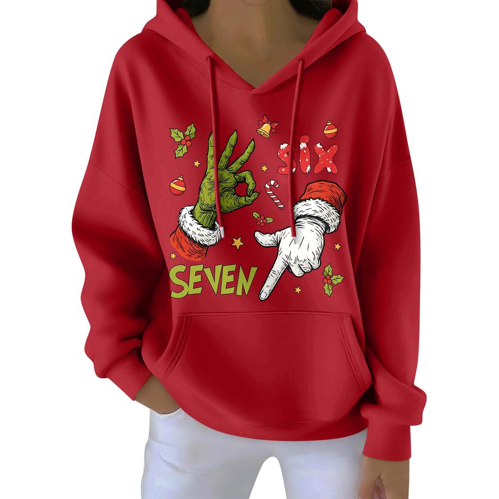 Damenmode Damen Leichter Langarmpullover mit Taschen Preppy Graphic Hoodie