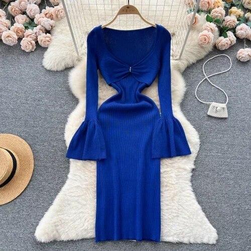 Sexy Bodycon V Neck Flare Pletené šaty s dlouhým rukávem Elegantní Elegantní Vestidos Podzimní Ženy Módní Hip zavinovací šaty