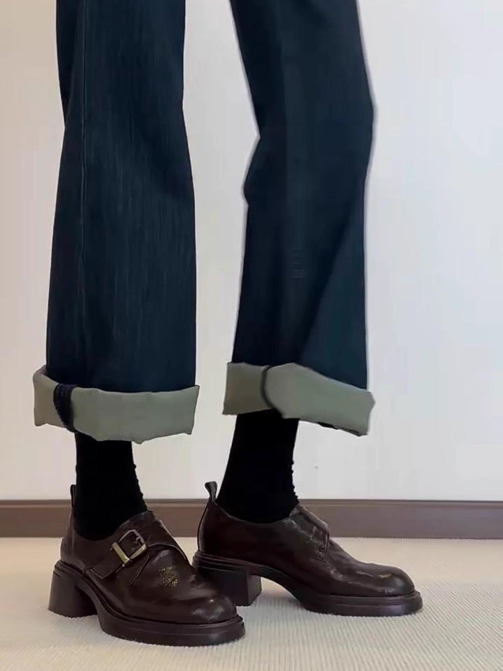 Dames Vaskbare Britisk Retro Ekte Skinn Chunky Hæl Loafers