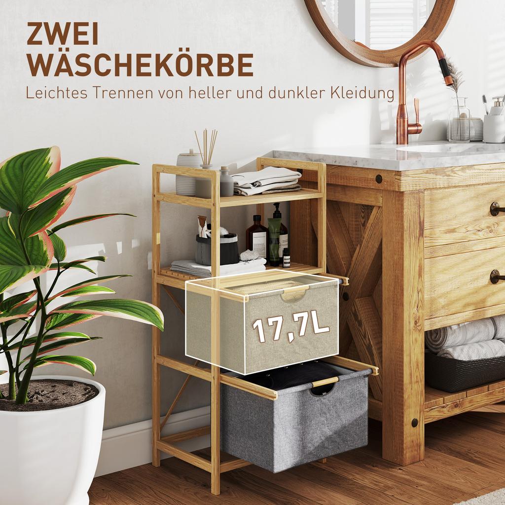 Bamboo Laundry Shelf with 2 Fabric Laundry Baskets, Open Shelves, Space-Saving, Natural Wood