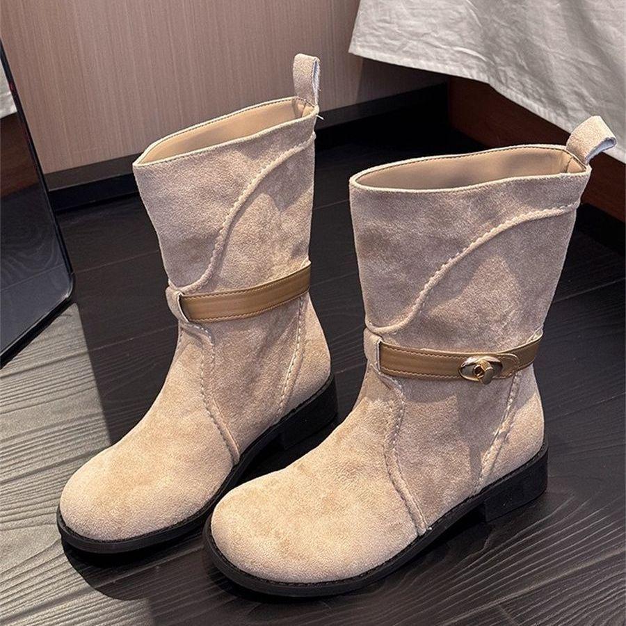 Retro French High-Heel Suede Ankle Boots for Women - Height-Boosting Slip-On Knight Design