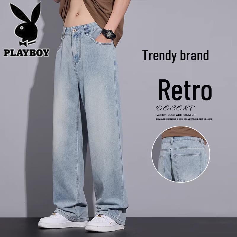 Playboy Men s Retro Loose Fit Straight Leg Thin Denim Jeans 36