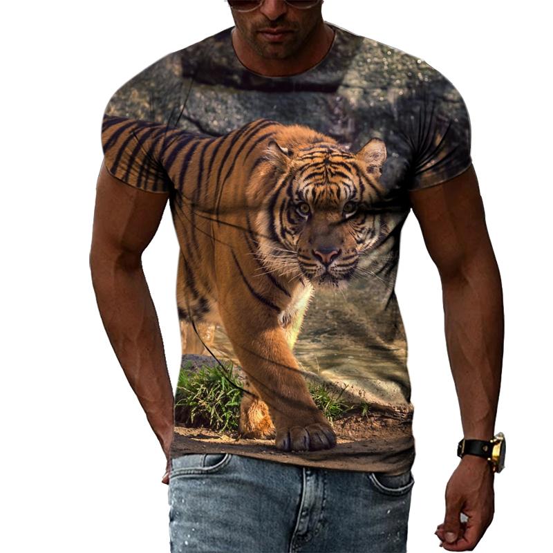 Fashion Handsome Animal Tiger Print Men T-shirt Summer Trend Casual Personality Hip Hop Street Style O-neck Short Sleeve T-shirt