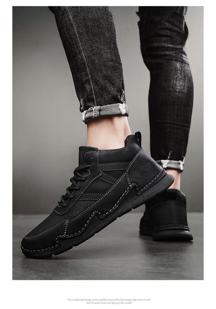 2024 Men's Soft Sole Mid-Top Hiking Boots, Casual Winter Warm Velvet Leather Shoes