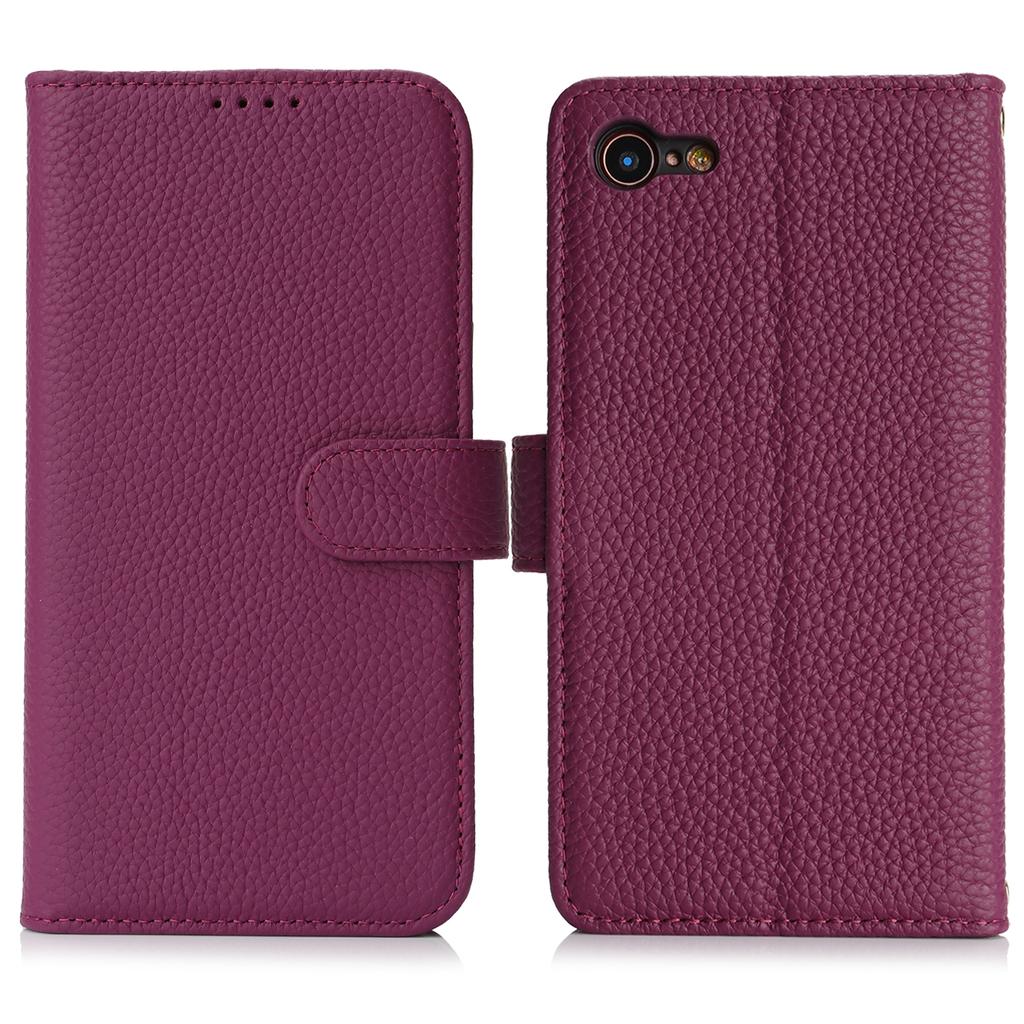 For iPhone SE (2022)/(2020)/8/7 Stand Case Litchi Texture Genuine Cow Leather Wallet Phone Cover RFID Blocking