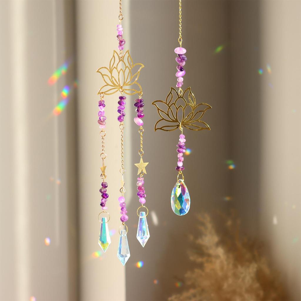Crystal Sun Catcher: Natural Amethyst Lotus Ornament for Windows and Gardens, Rainbow Maker.