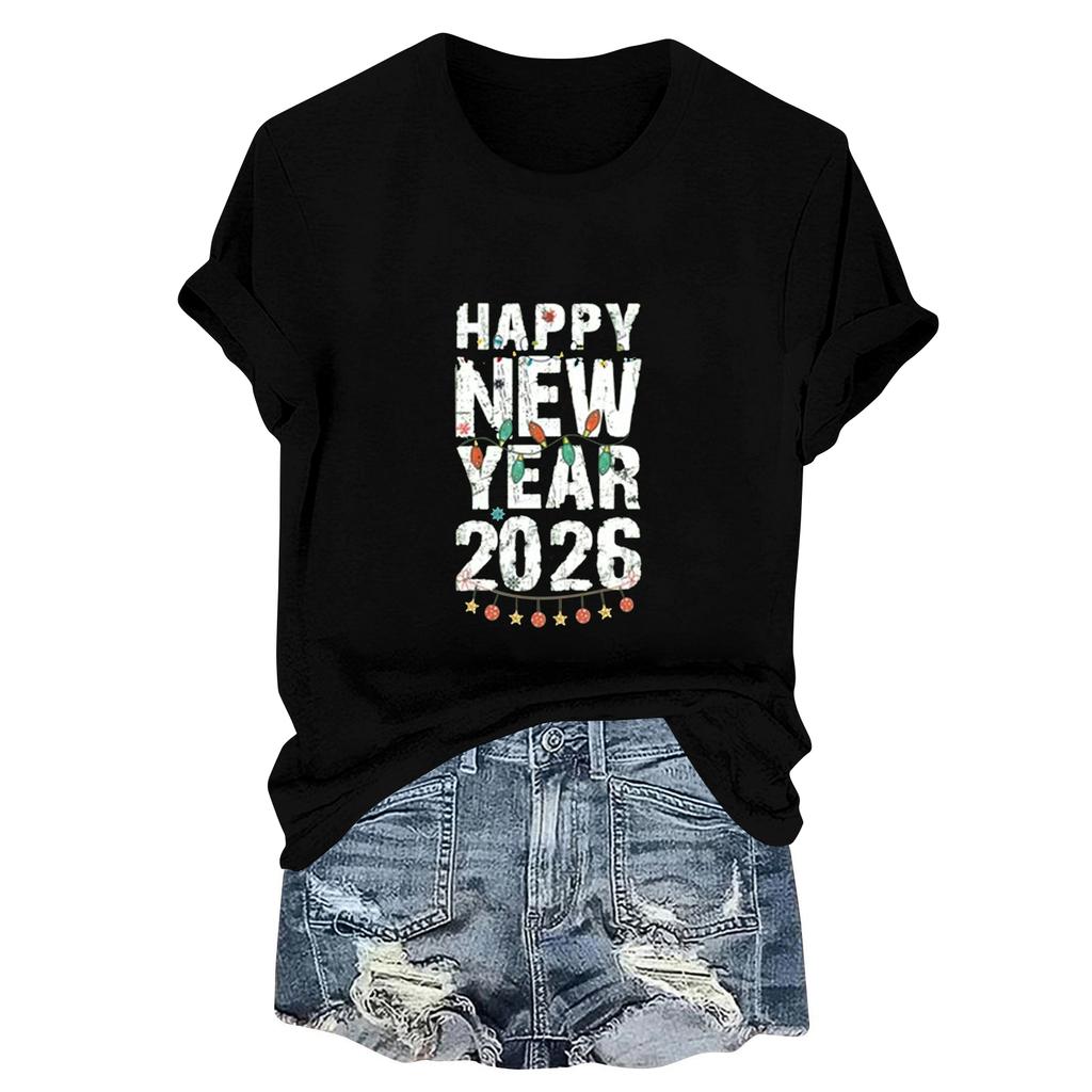 Women's Fashion 2026 New Year Printed Round Neck Short Sleeve Top