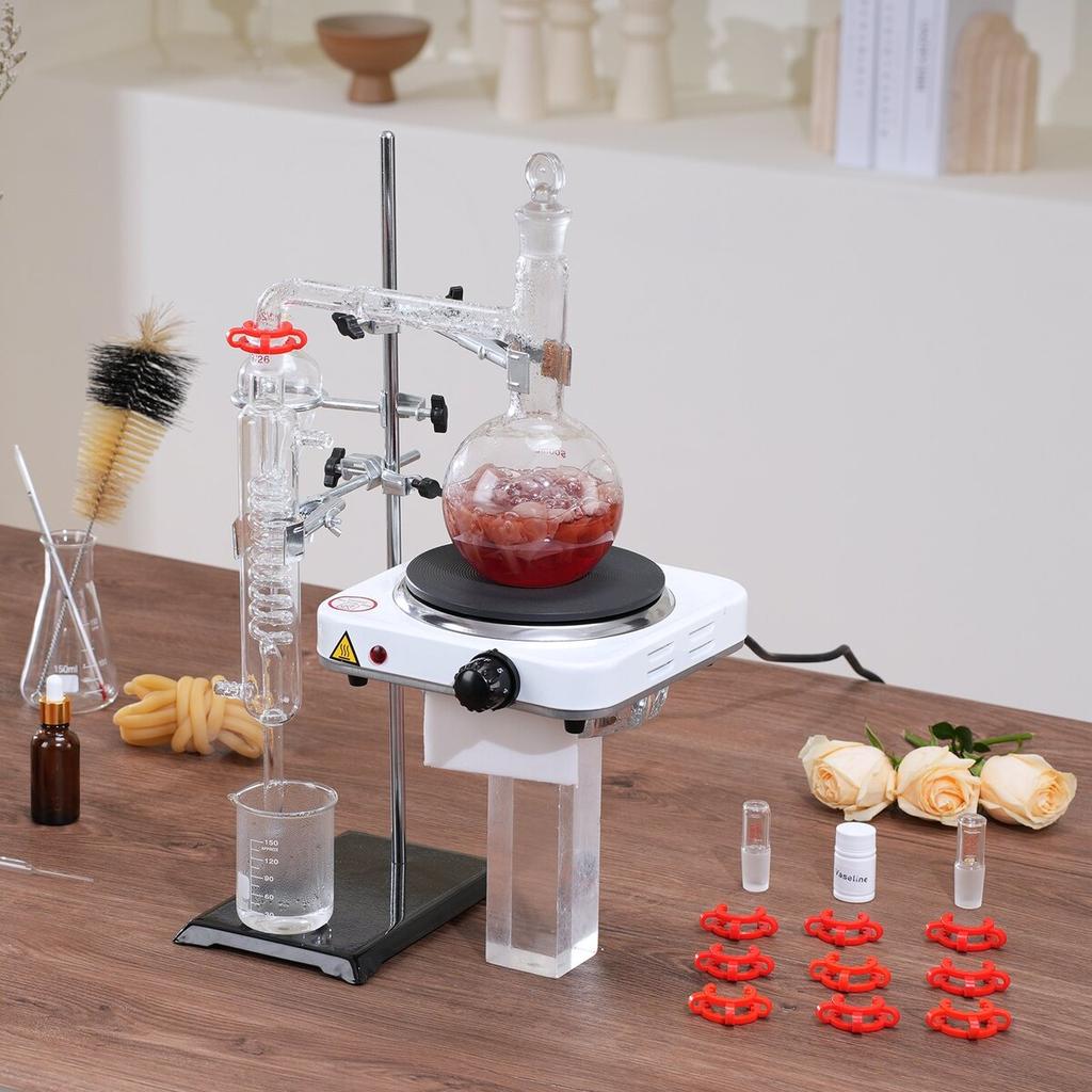Essential Oil Distillation Kit, 500ml Distillation Apparatus, 3.3 Boro Lab Glassware Distillation Kit with 1000W Heating Plate and 24, 40 Joint, 33