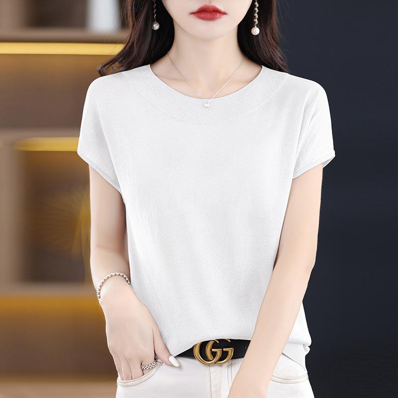 IHUASU Dámské ledové hedvábné tričko s krátkým rukávem léto světlé hedvábí temperament žerzej plátno halenka s výstřihem do O tenké univerzální volné