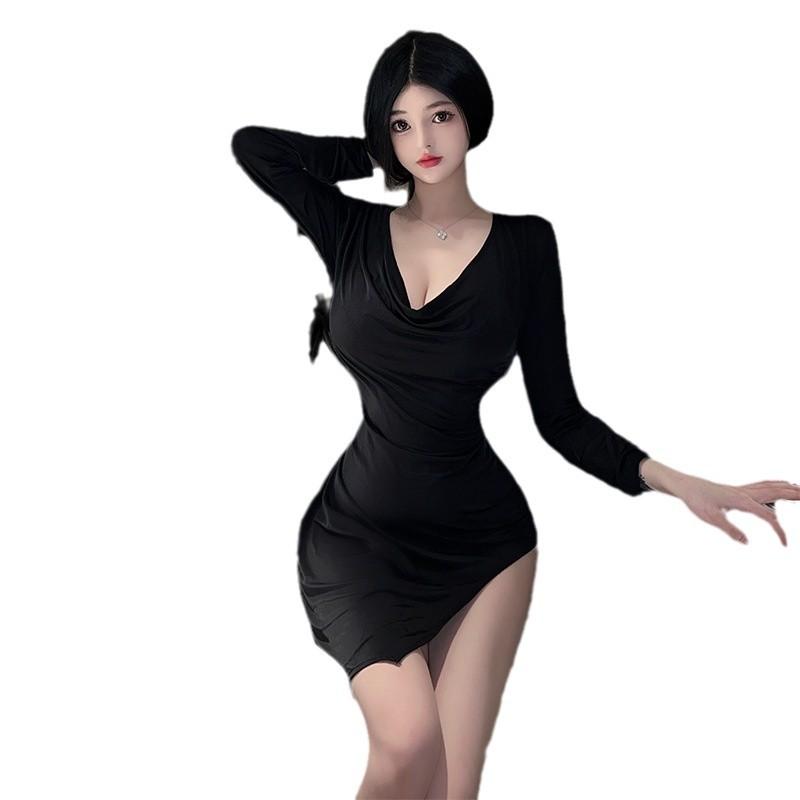 Sexy Underwear Hot Free Ice Silk Large Dress Nightclub Sexy Side Slit Hollow Pajamas
