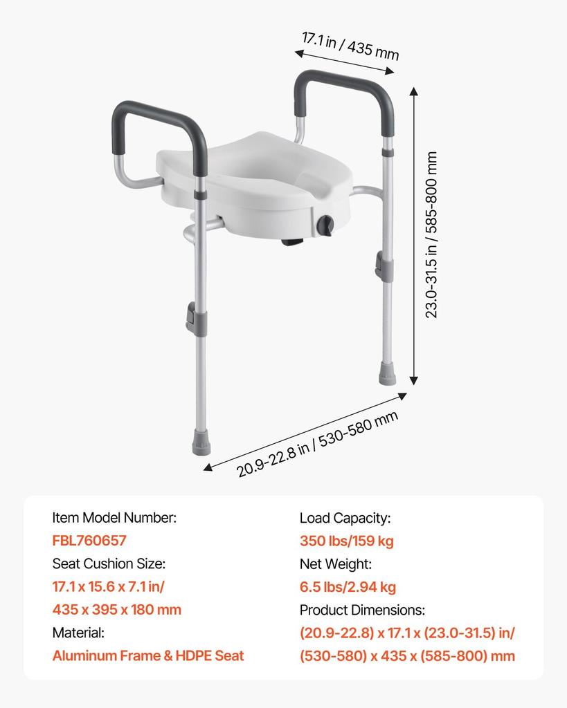 Raised Toilet Seat with Arms, 159 kg Capacity, 127 mm Lift Height & Adjustable Width, Widened Commode Elevated Toilet Seat Riser with Handles for