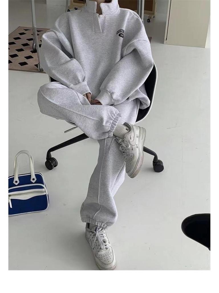 Women's 2024 Autumn/Winter Fleece-Lined Sweatshirt & Sweatpants Set - Fashionable Casual Two-Piece for Running or Sports