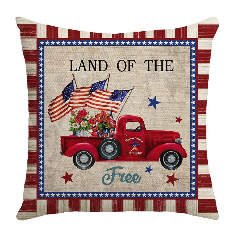 Independence Day Flag Four-piece Set, Linen Material, Home Cushion Cover, Five-pointed Star, Blue, White and Red Striped Letter Print