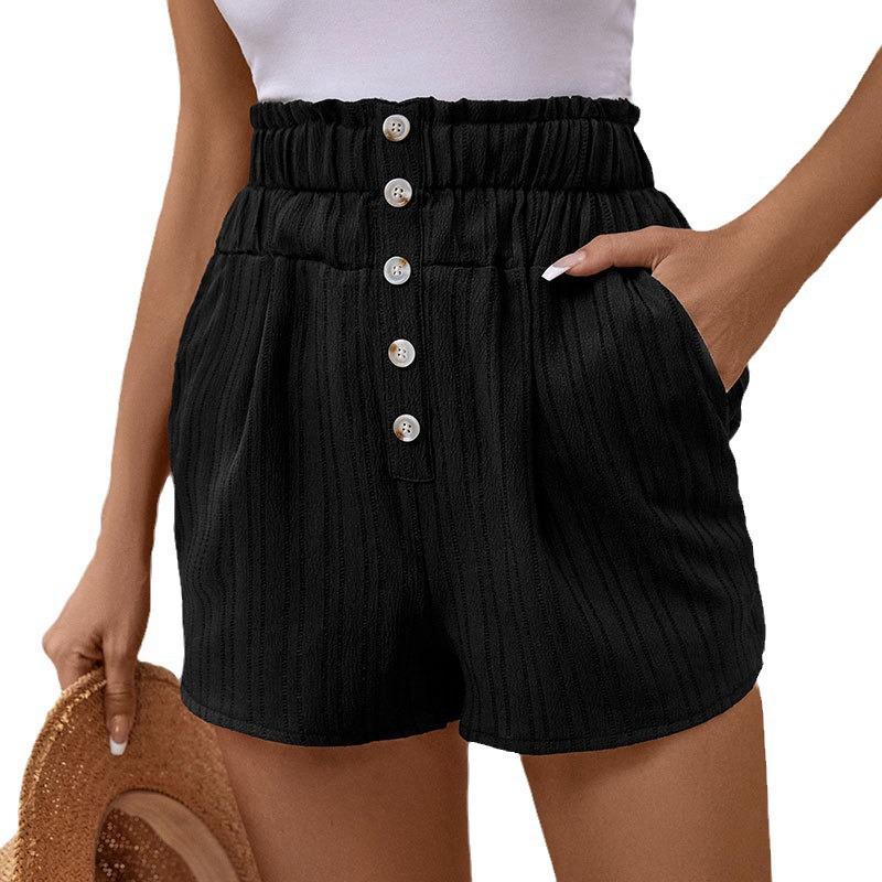 Women's Button High Waist Shorts with Pockets - Summer Pleated Elastic Waist, Versatile and Casual.