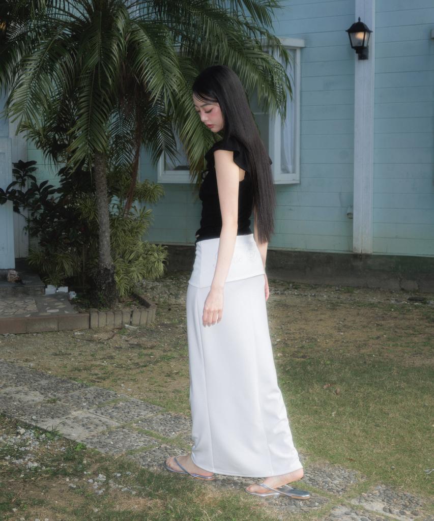 Rose Franz Folding Waist Maxi Long Skirt [Ivory]