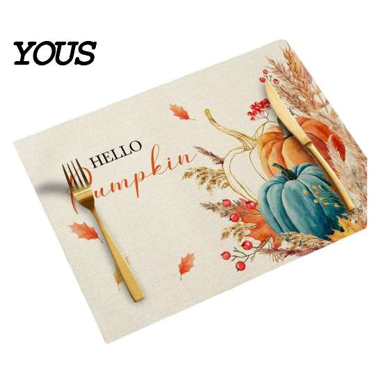 Reusable Table Linens for Thanksgiving Pumpkin Autumn Leaves Placemat, Linen Washable Heat Resistant Watercolor Place Mat Dining Fall Seasonal