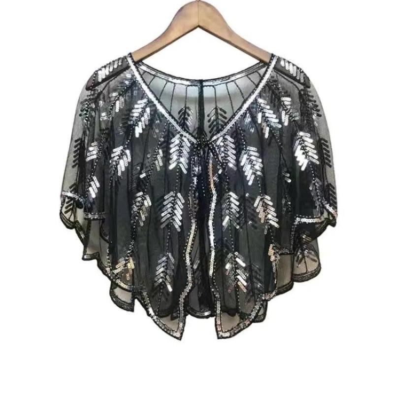 Beaded Sequin Shawl Vintage Flapper Evening Cape Sheer Mesh Embroidery Leaf  Women Bolero Party Accessories