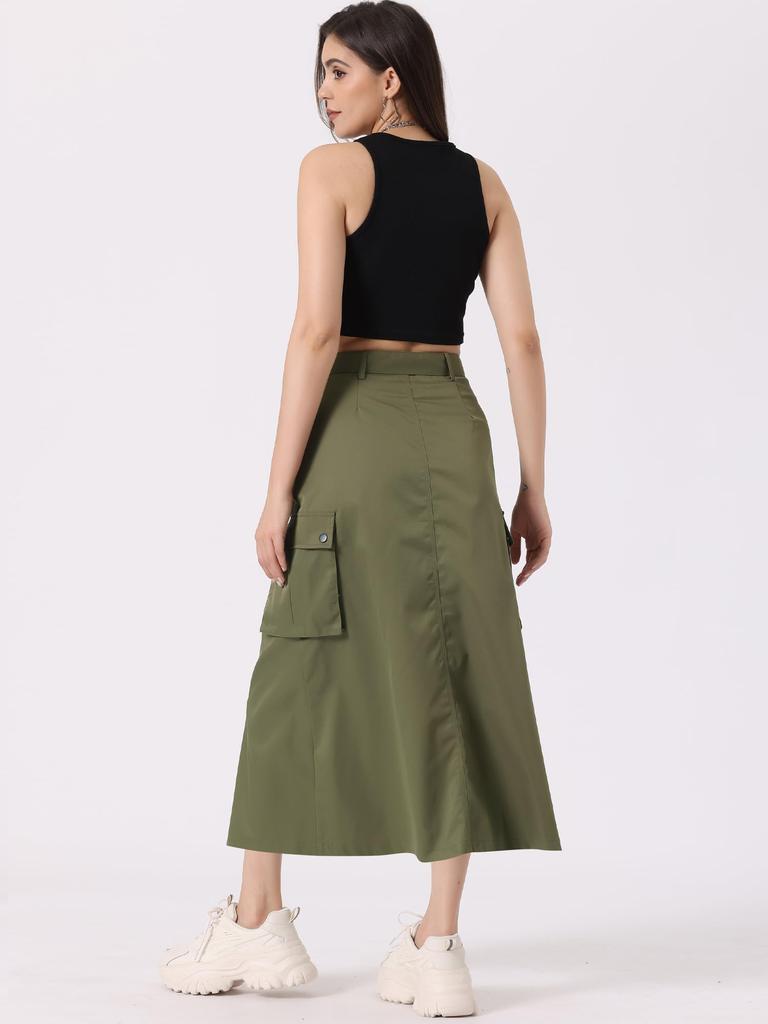 Allegra K Women's Midi Cargo Skirt, Trendy Y2K Skirt, Zip-Up High-Waisted Straight Long Skirt with Pockets, Army Green, Size L