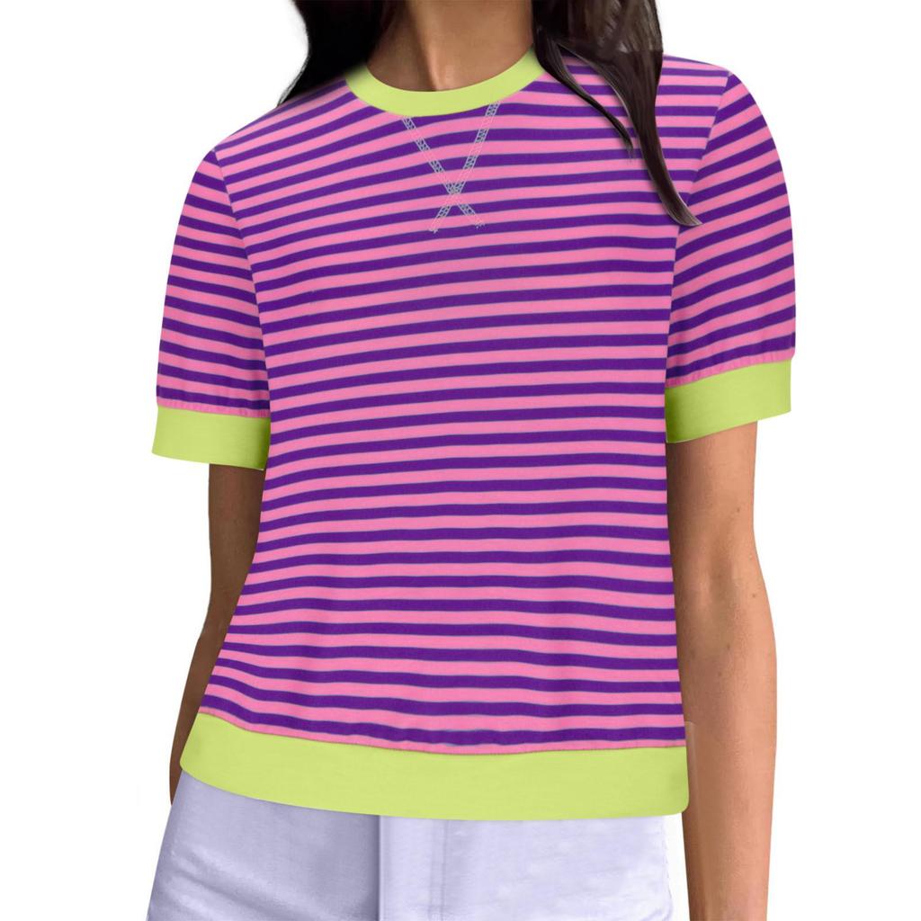Women's Summer Striped Print Short Sleeve Round Neck T-Shirt Clothes Sale
