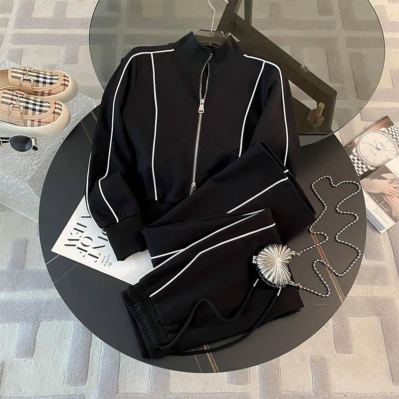 Sudadera Corta Casual a Rayas Traje Deportivo Mujer Otoño Sudadera con Cremallera Suelta Cordón Elástico Pantalones de Pierna Ancha Conjunto de Dos Piezas