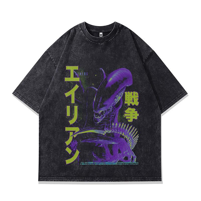 Summer New Men'S T-Shirt Dark Wind Japanese Abstract Printing Washed Retro Short-Sleeved Vintage T-Shirt For Men And Women