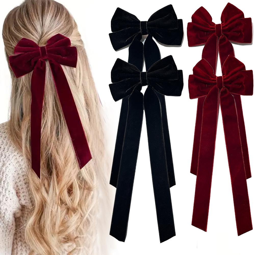 Samt-Haarspange für Damen, elegant, handgefertigt, schwarz, rot, grün, Doppelschleifen, Haarspange, lange Quaste, Haarschmuck, Weihnachtsgeschenk