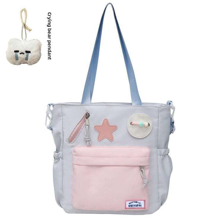 Blocked Cute Color Star Collage Student Backpack And Shoulder Bag With Pendant