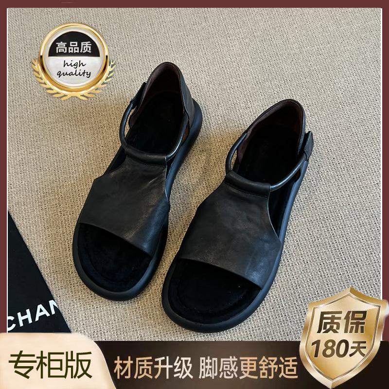 Soft Leather Version~~ Retro Casual Hollow Platform Open-toed Sandals Women's Summer New Versatile Soft-soled Heightening Roman Shoes