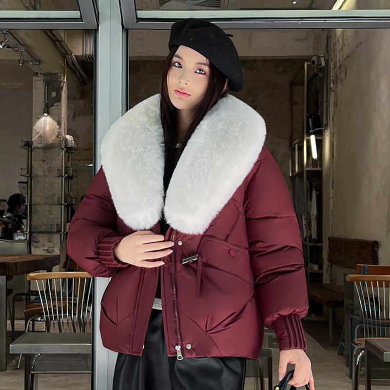 Winter Style Big Fur Collar Cotton Jacket, Down Cotton Jacket, Women's Short Thickened Anti-fur Jacket, Small Protective Jacket