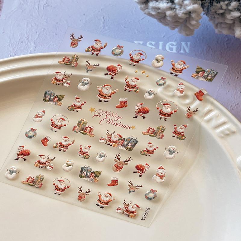 Weihnachts-Nagelsticker Schneeflocken Relief 3D Weihnachtsbaum Weihnachtsmann Elch Schneemann Cartoon Tragen Nagelsticker Maniküre Dekor