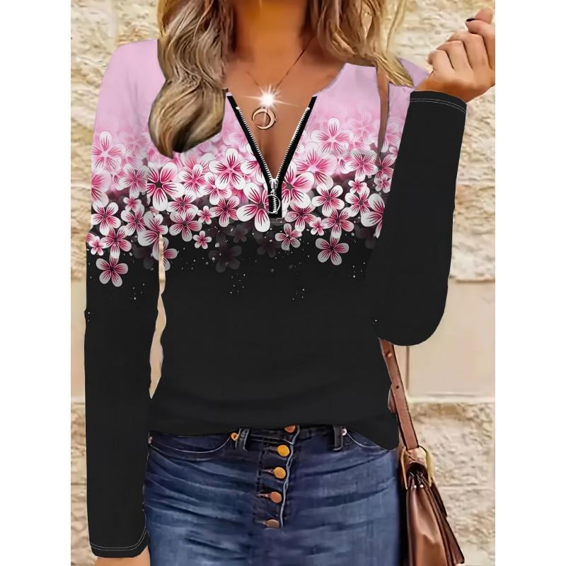 Full-body Cherry Blossom Pattern Zipper T-shirt, Casual Long-sleeved Top, Suitable for Spring and Autumn, Suitable for Home and Outdoor Wear
