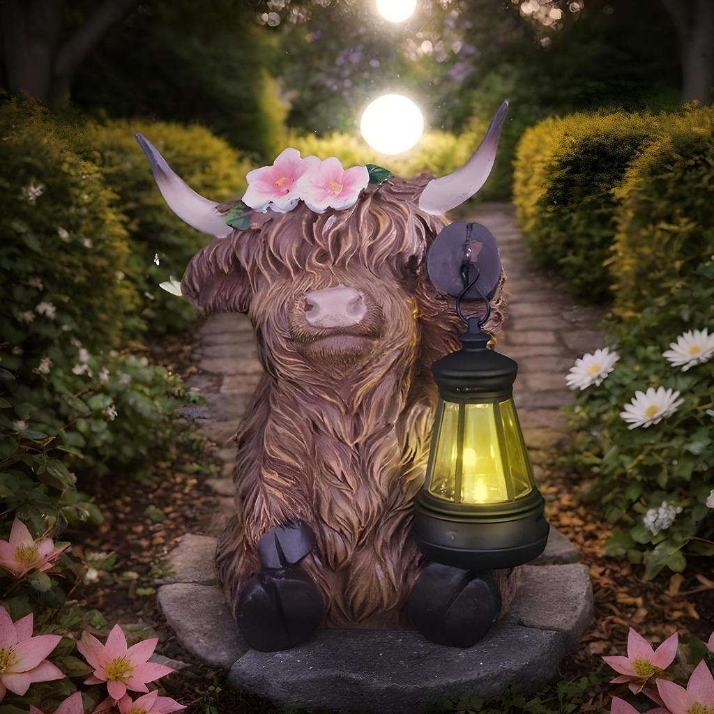 Highland Cow Garden Decor Realistic Highland Bull Animal Light Realistic Solar Powered Resin Statue For Bedroom Desk Apartment